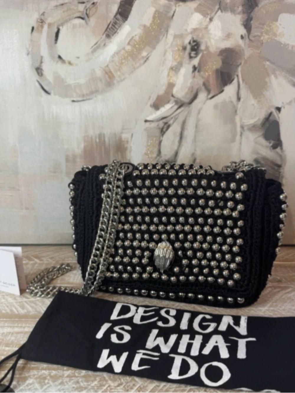 Kurt Geiger London Medium Crochet Kensington NWT Black Silver Studs Chain Strap